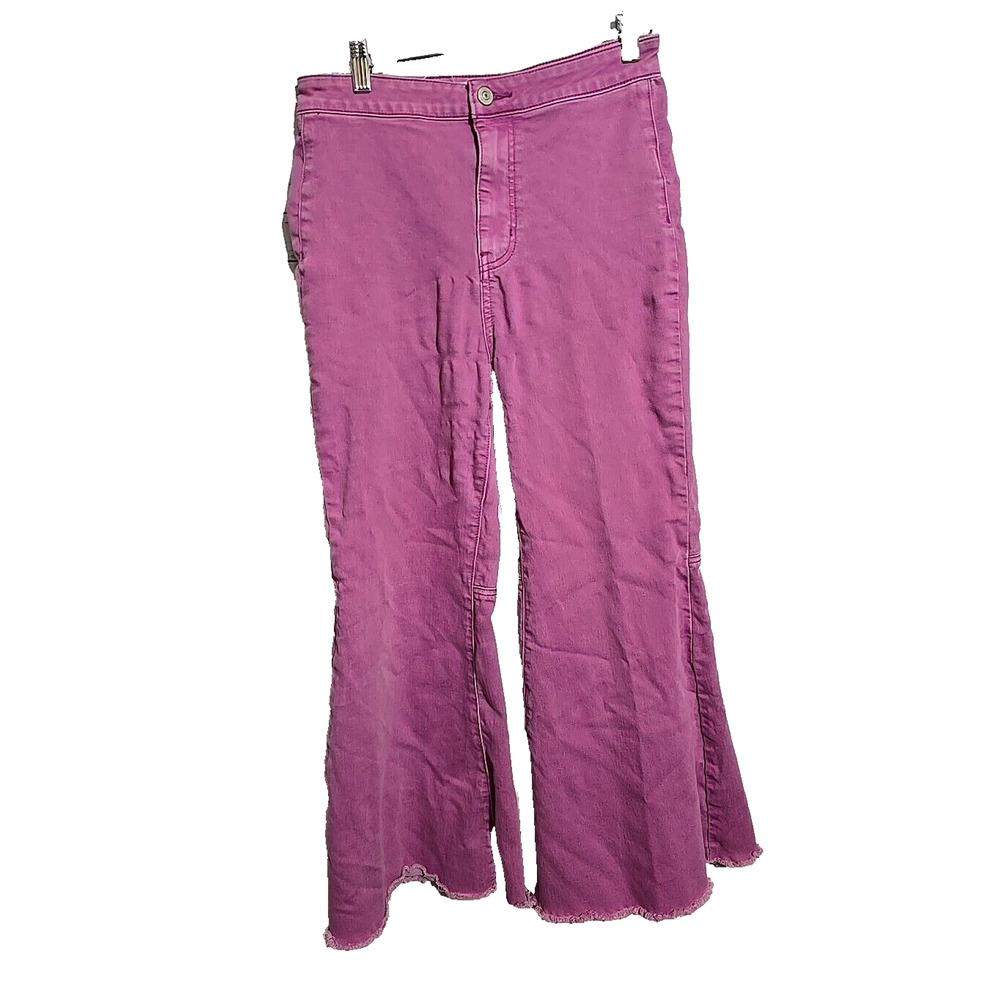 Free People Pink Denim Flared Stretch Raw Hem High Rise Jeans Womansβ Size 29